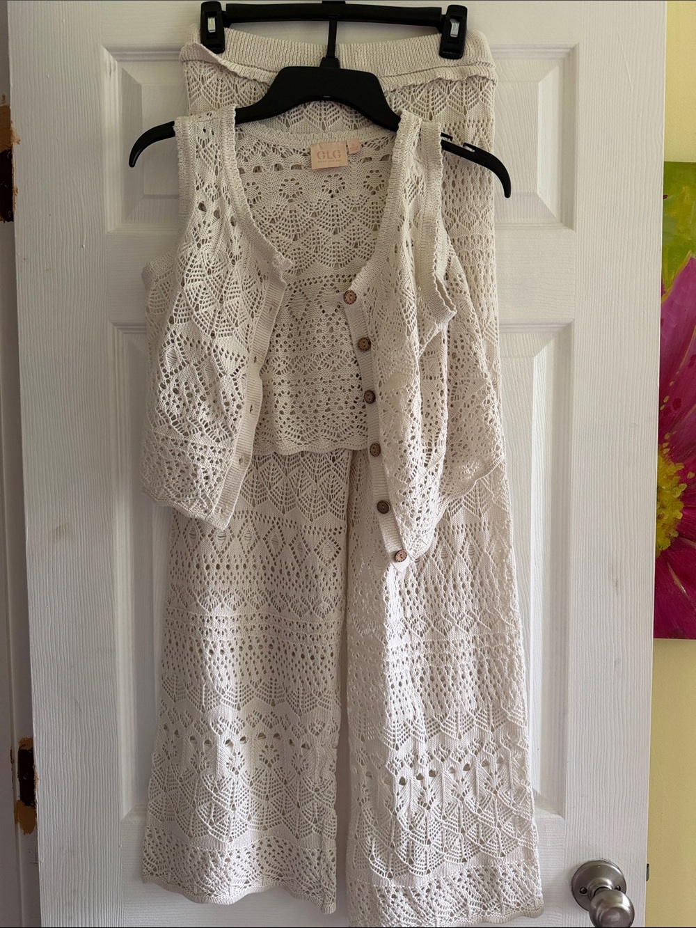 LG Cream Crochet Wide Leg Pants & Button Vest Set